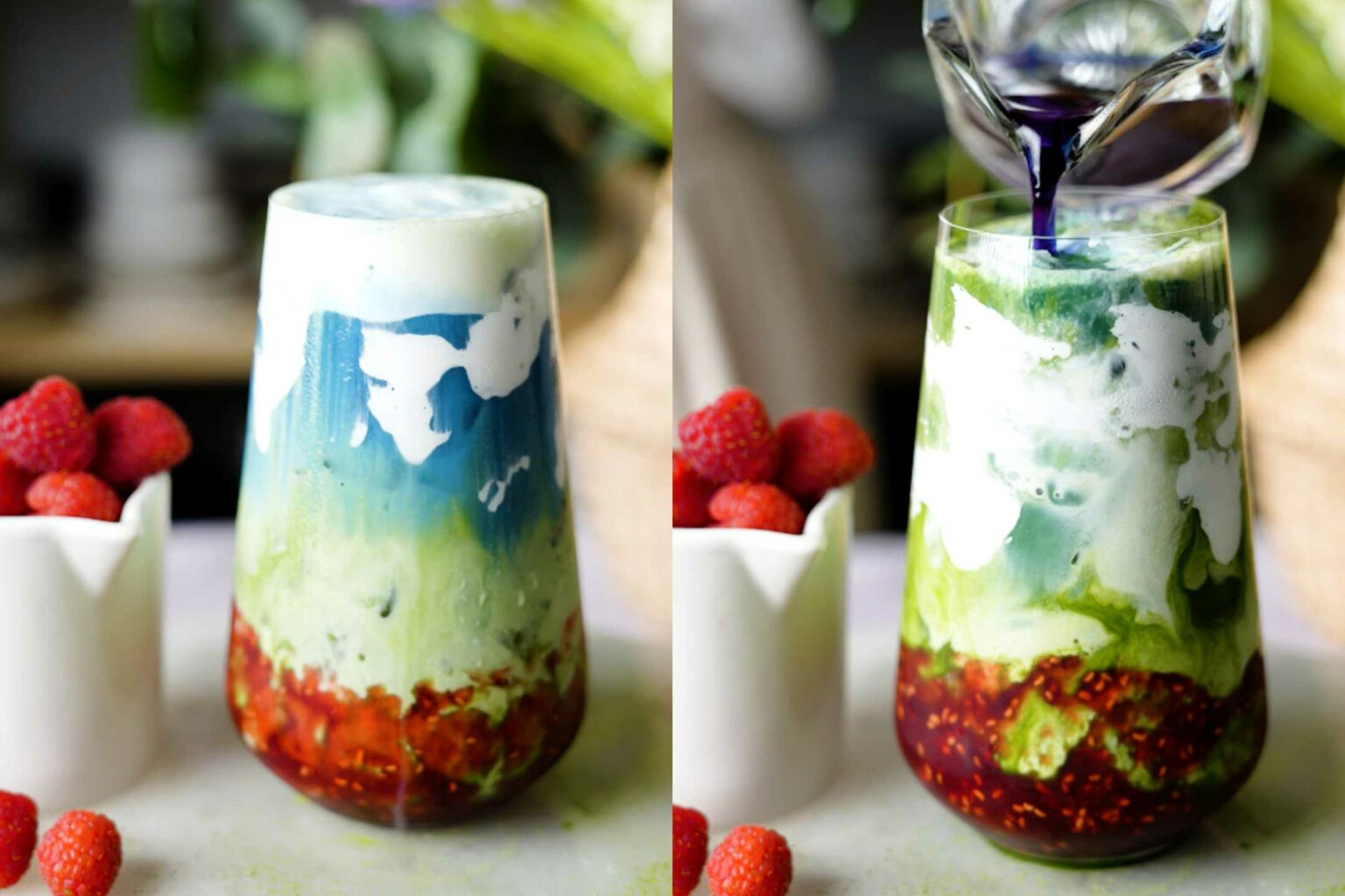 Latte gelado de framboesa e matcha